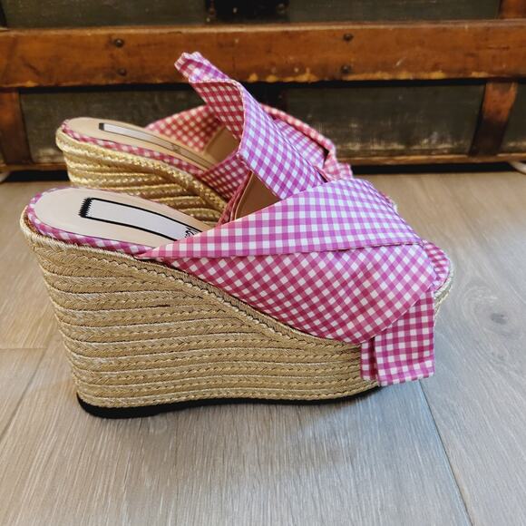 No 21 Sandal 5 Pink Gingham Knotted Bow Platform Espadrilles Wedge Jute Slip On - Picture 1 of 8